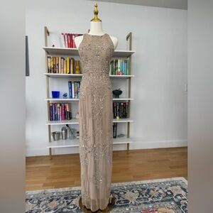 Adrianna Papell Beige/Gold/Champagne Beaded Formal Dress, Size 0